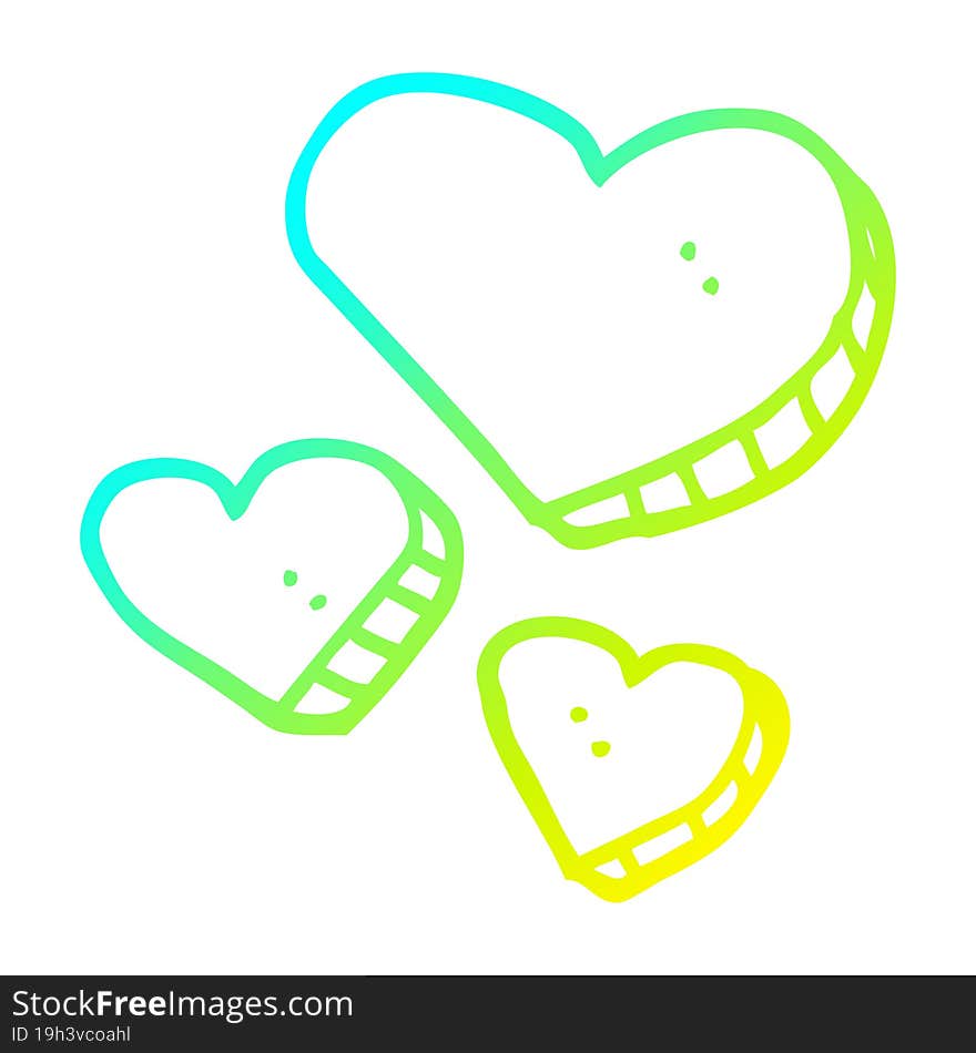 cold gradient line drawing of a cartoon love hearts