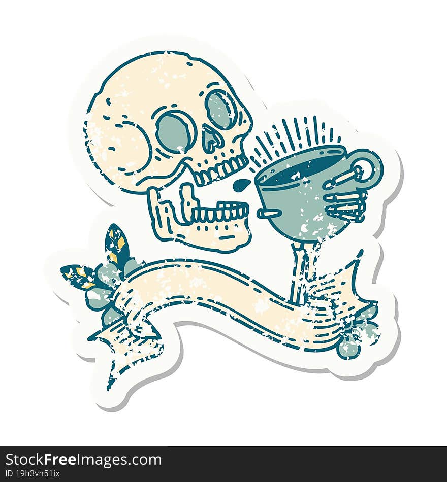 grunge sticker with banner of a skull drinking coffee