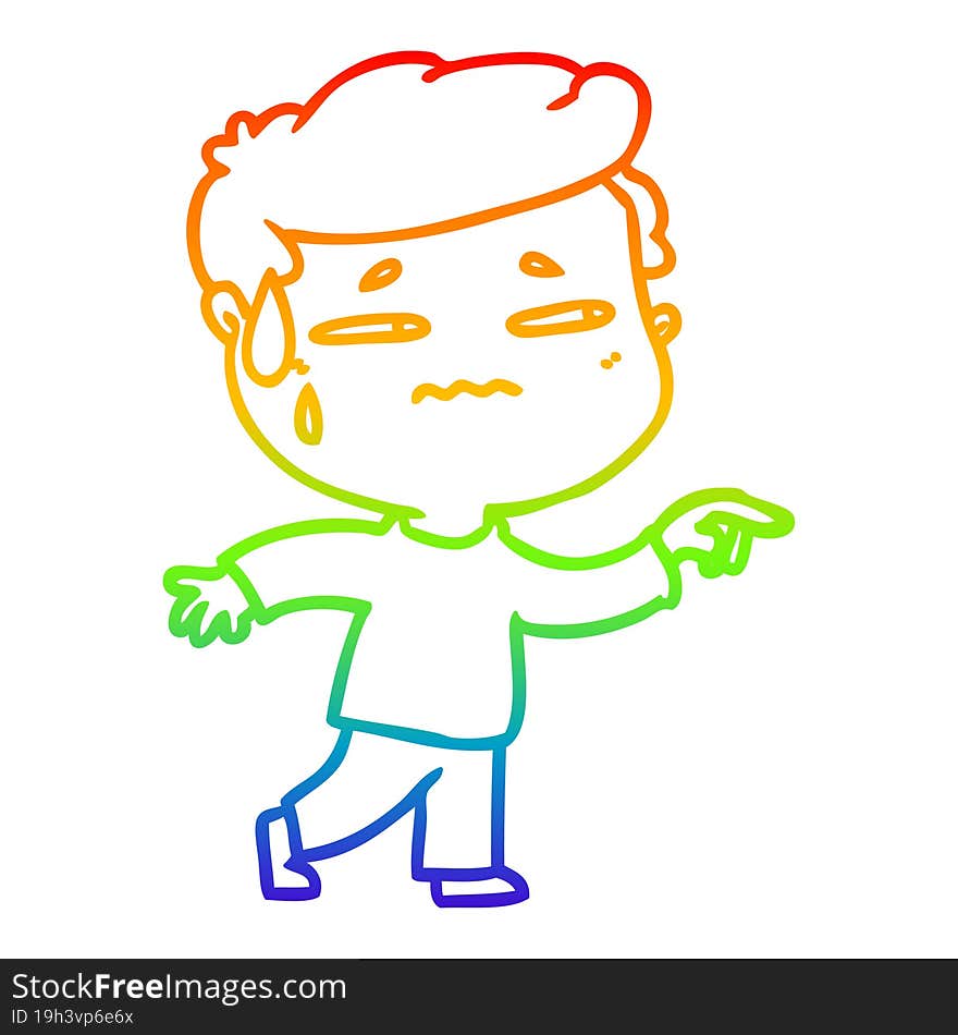 rainbow gradient line drawing of a cartoon anxious man pointing