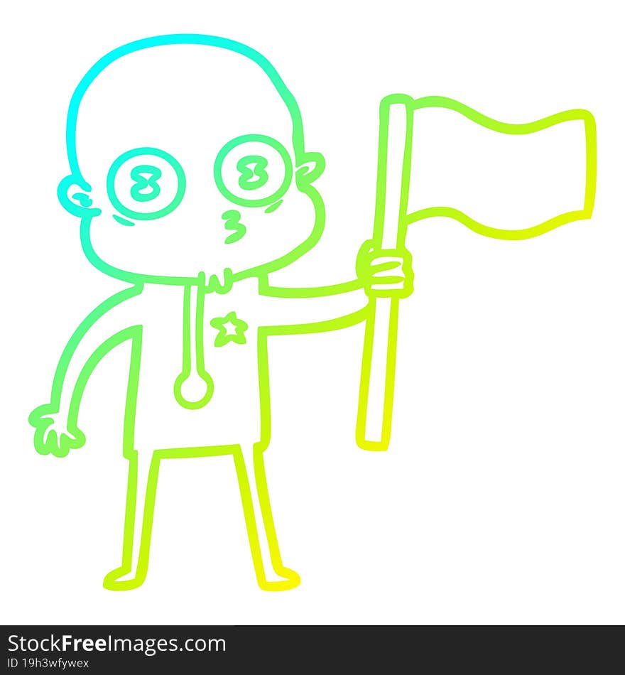 cold gradient line drawing cartoon weird bald spaceman with flag