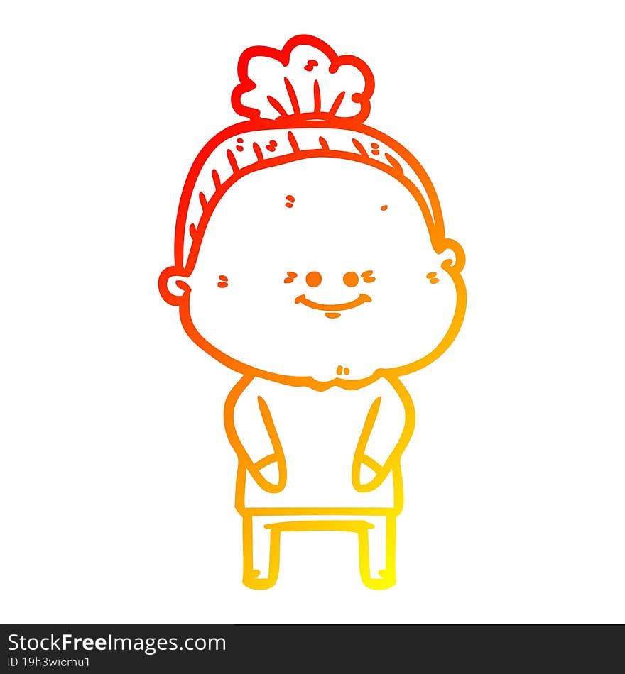 warm gradient line drawing of a cartoon happy old woman