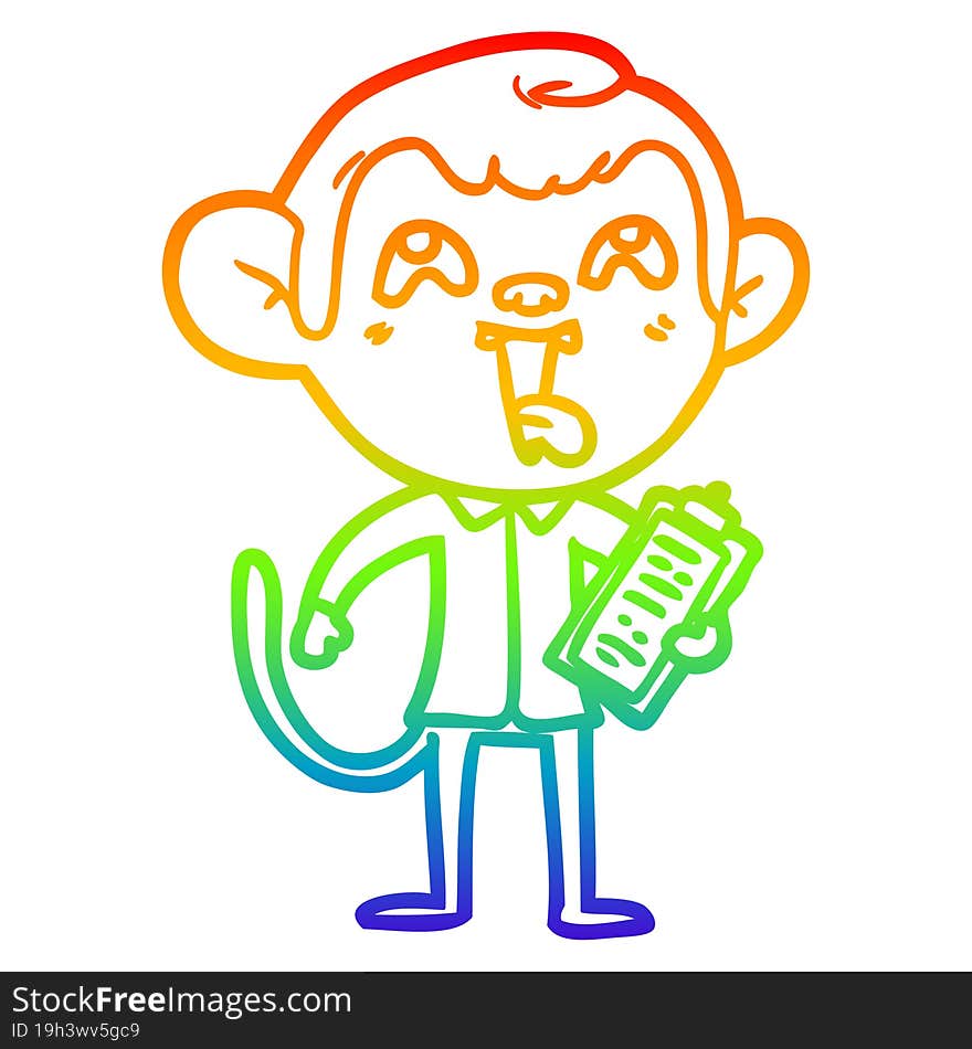 rainbow gradient line drawing crazy cartoon monkey with clipboard