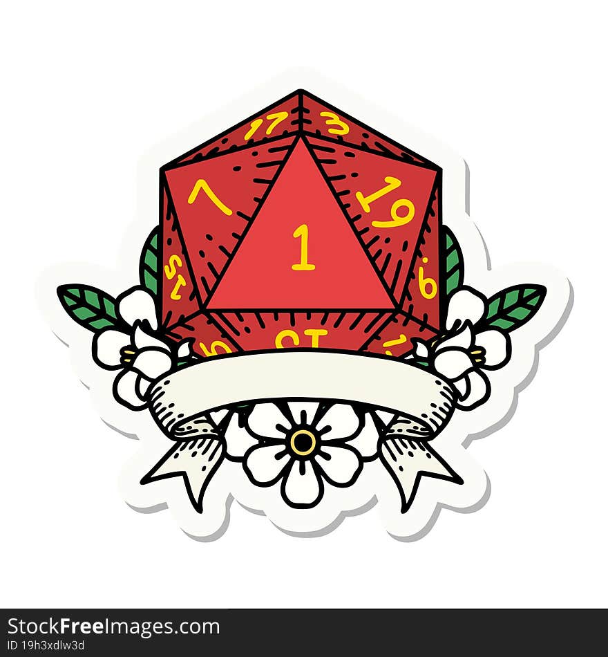 sticker of a natural one d20 dice roll. sticker of a natural one d20 dice roll