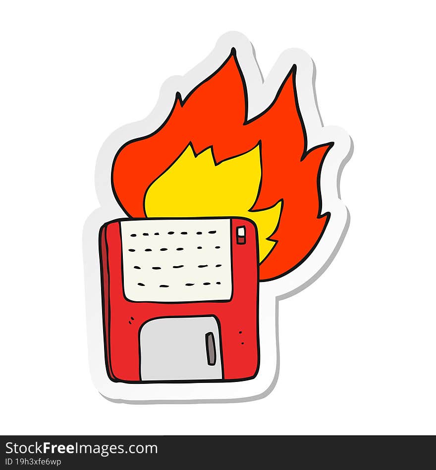 Sticker Of A Cartoon Old Computer Disk Burning