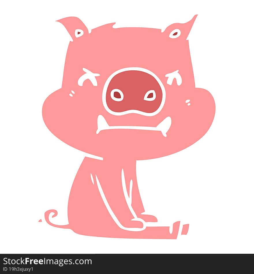 angry flat color style cartoon pig sitting