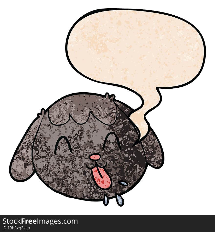 cartoon dog face with speech bubble in retro texture style