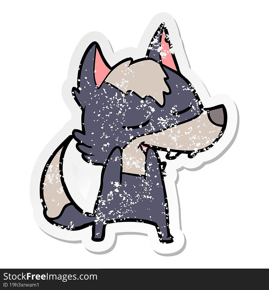 distressed sticker of a cartoon wolf laughing