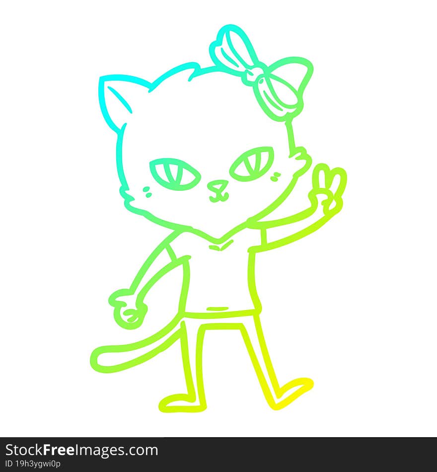 cold gradient line drawing cute cartoon cat girl giving peace sign