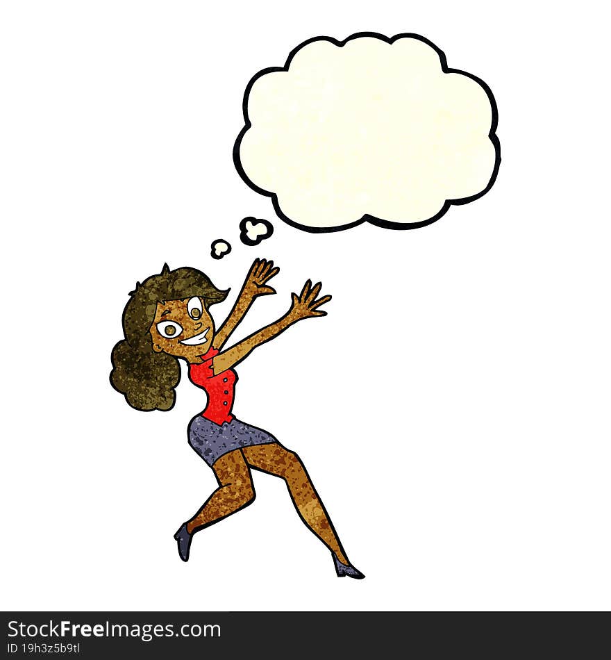 Cartoon Happy Woman Jumping With Thought Bubble