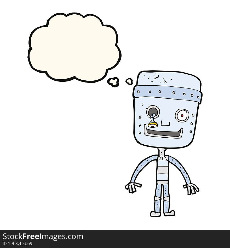 cartoon funny robot with thought bubble