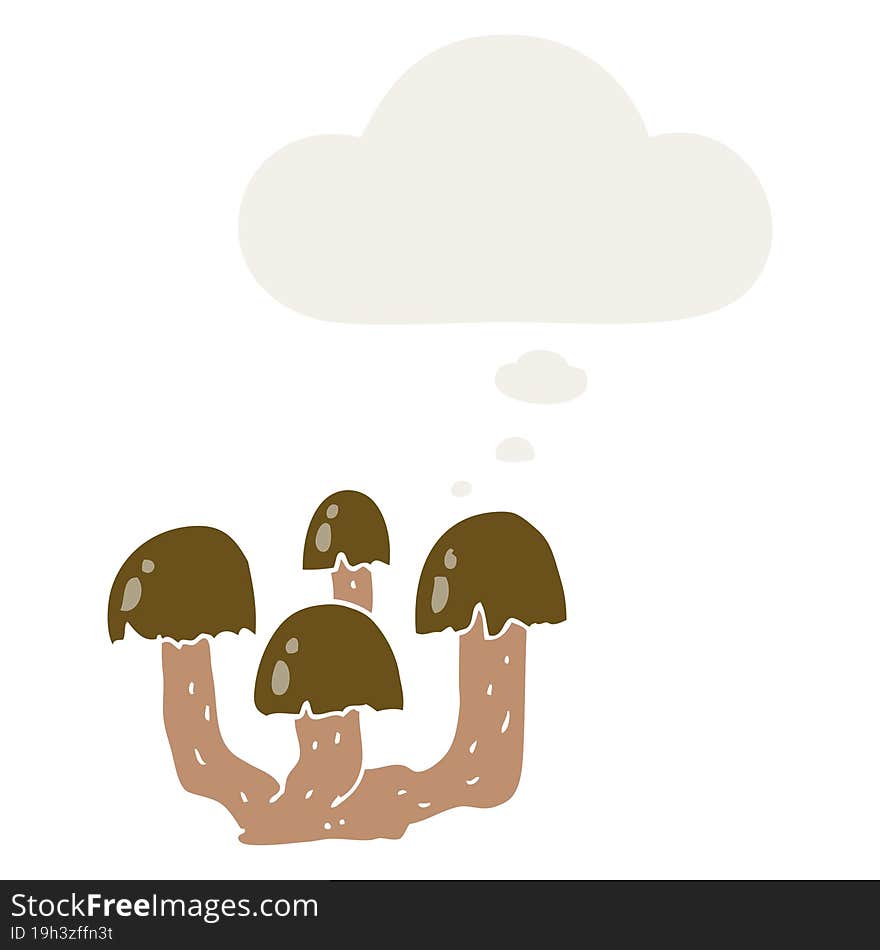 cartoon mushrooms with thought bubble in retro style