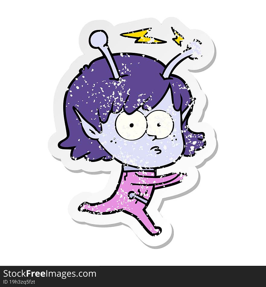 distressed sticker of a cartoon alien girl