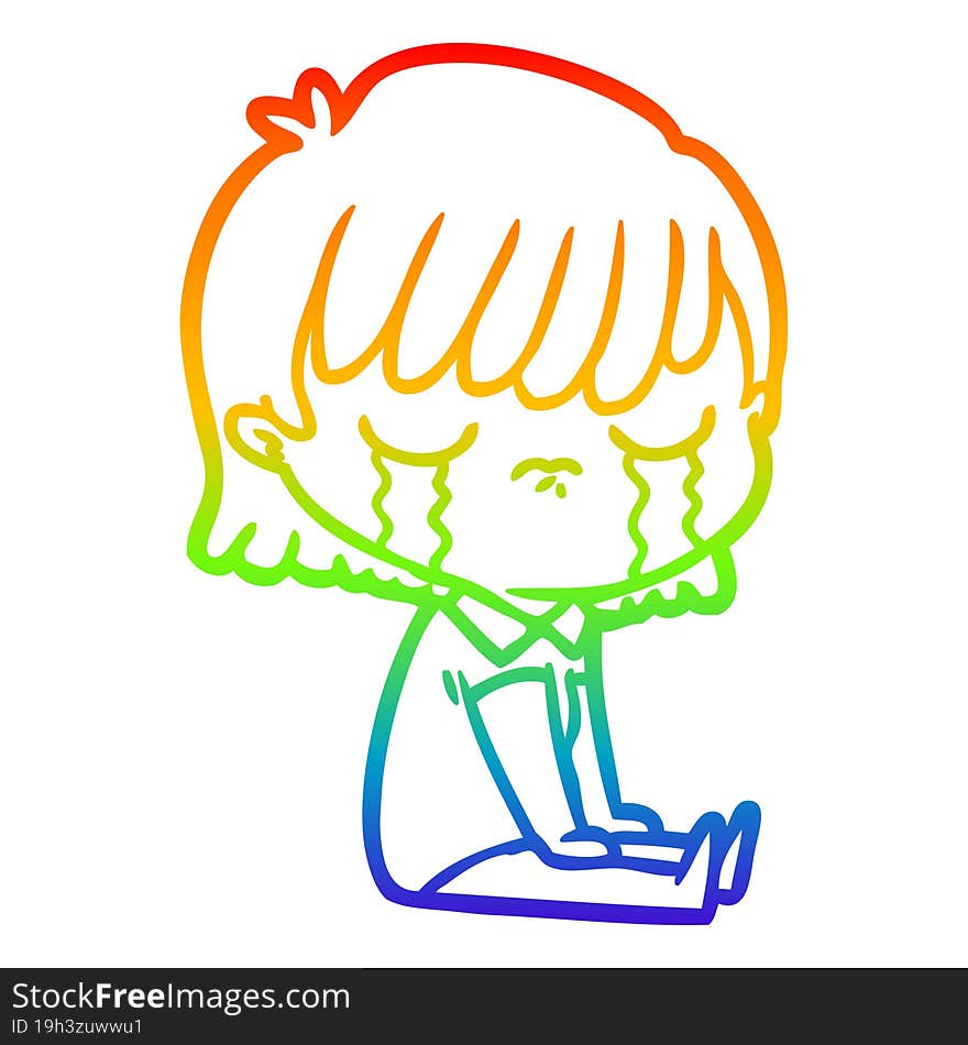 rainbow gradient line drawing of a cartoon woman crying