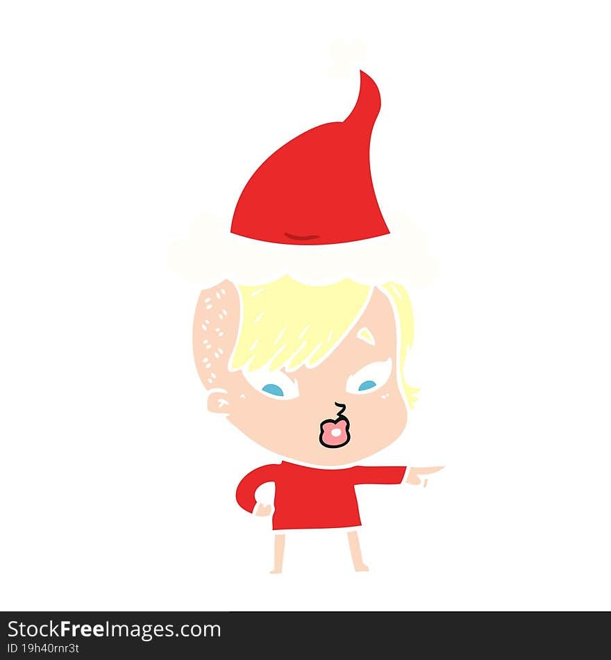 flat color illustration of a surprised girl pointing wearing santa hat