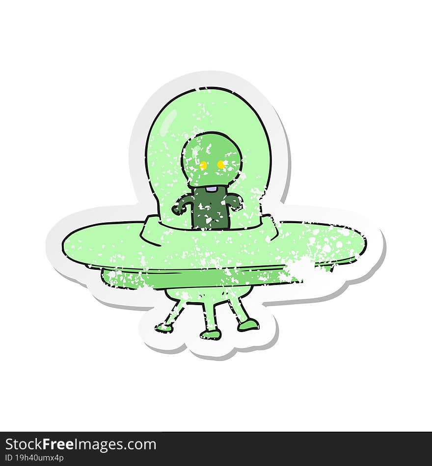 Retro Distressed Sticker Of A Cartoon Alien In Flying Saucer