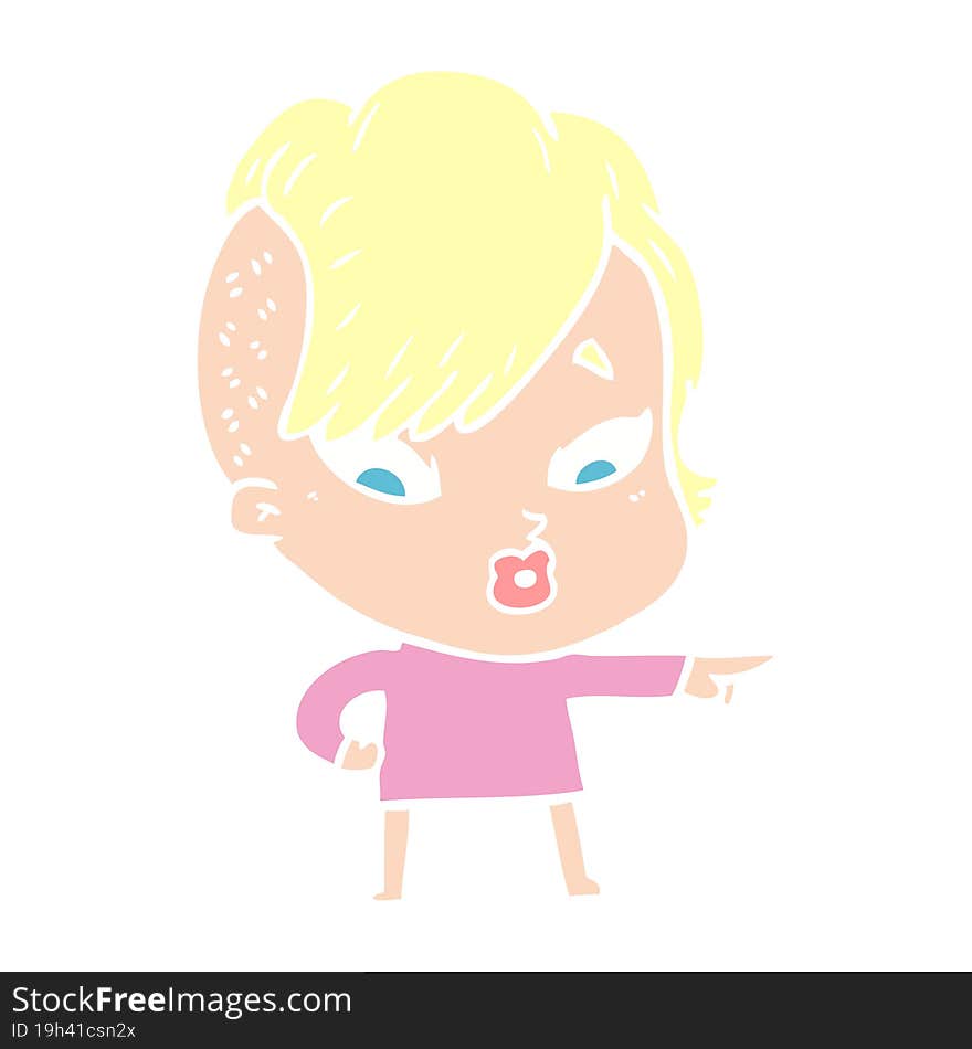 flat color style cartoon surprised girl pointing