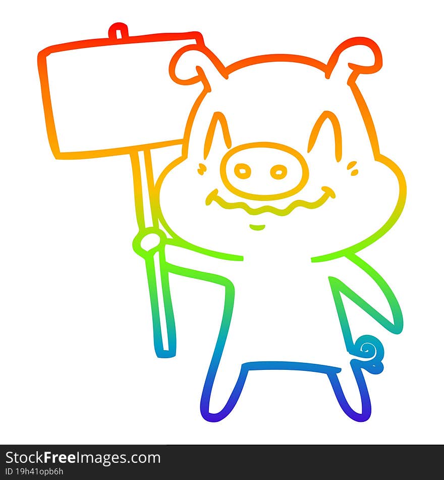 rainbow gradient line drawing of a nervous cartoon pig