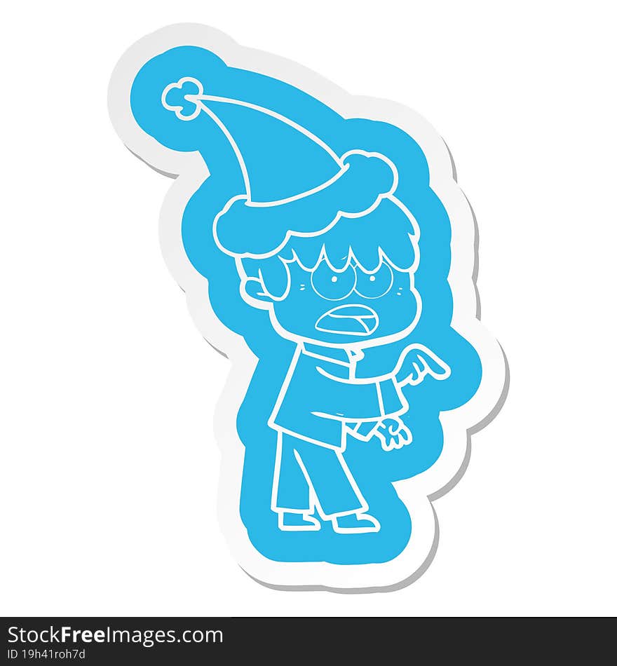 worried cartoon  sticker of a boy wearing santa hat