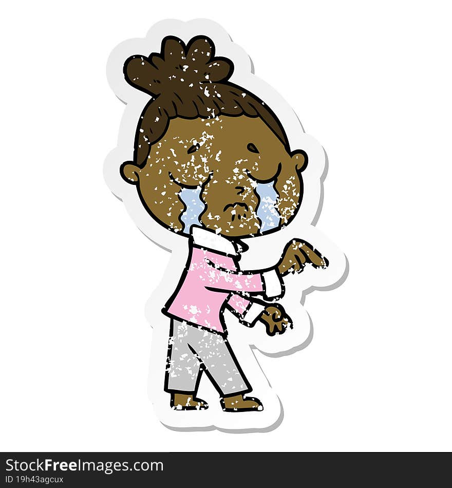 Distressed Sticker Of A Cartoon Crying Woman Pointing