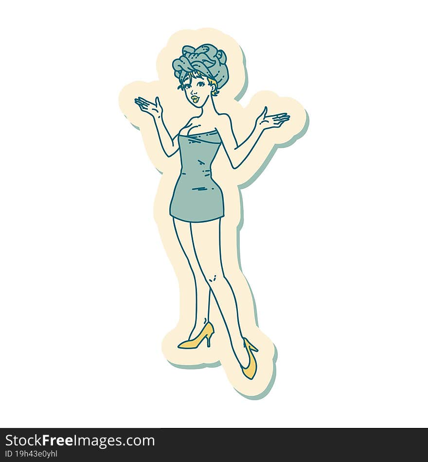 tattoo style sticker of a pinup girl in towels