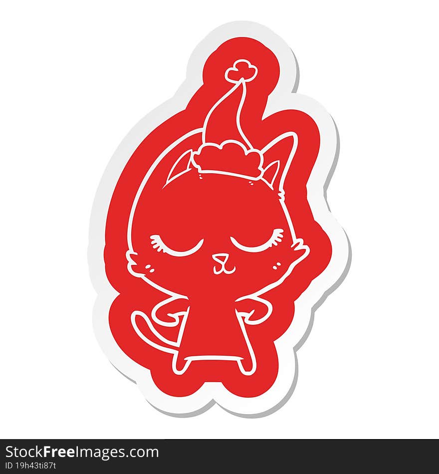 calm cartoon  sticker of a cat wearing santa hat