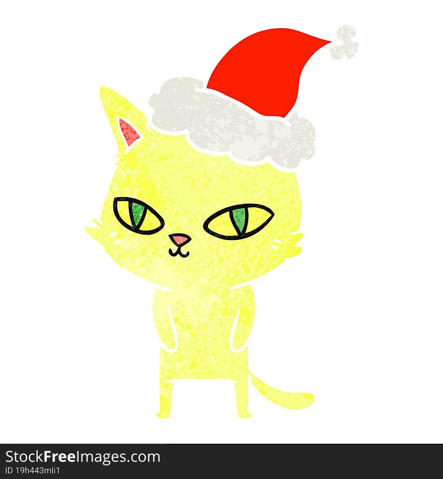 retro cartoon of a cat with bright eyes wearing santa hat