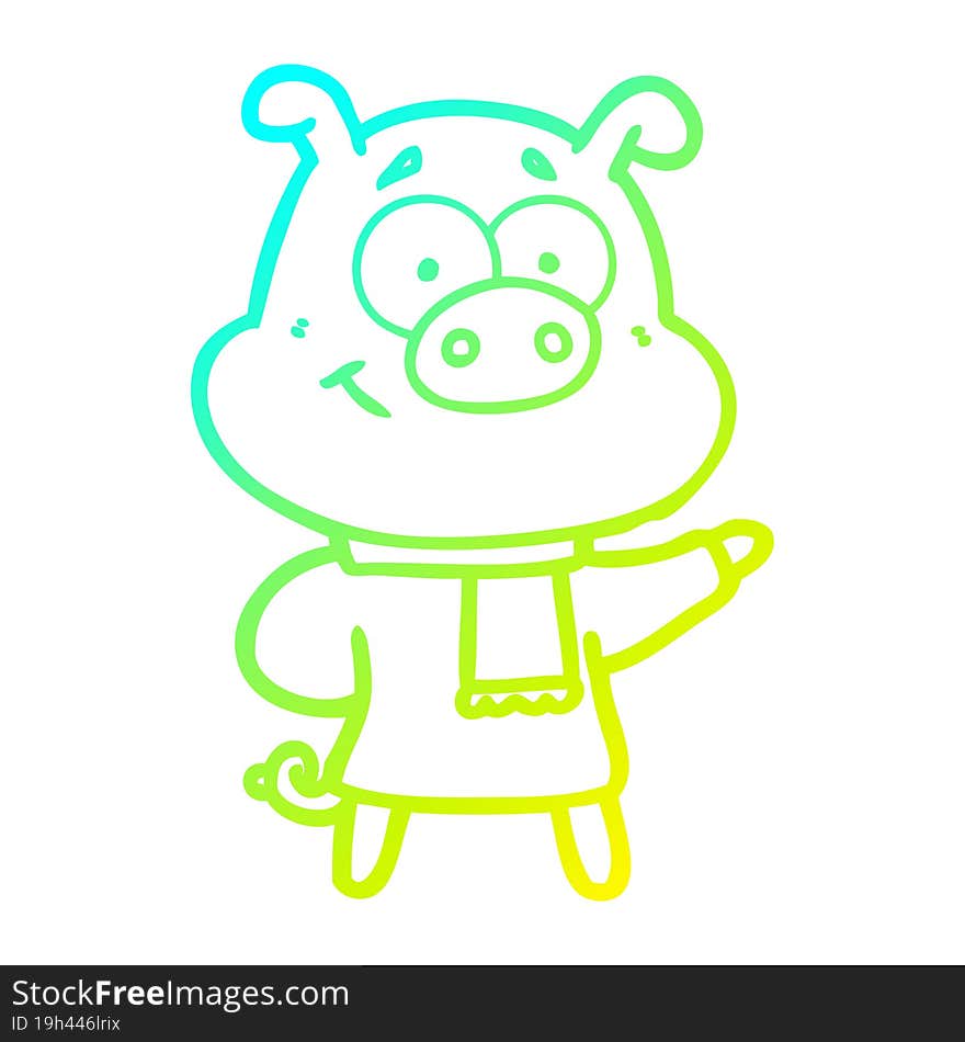 cold gradient line drawing of a happy cartoon pig wearing cold clothes