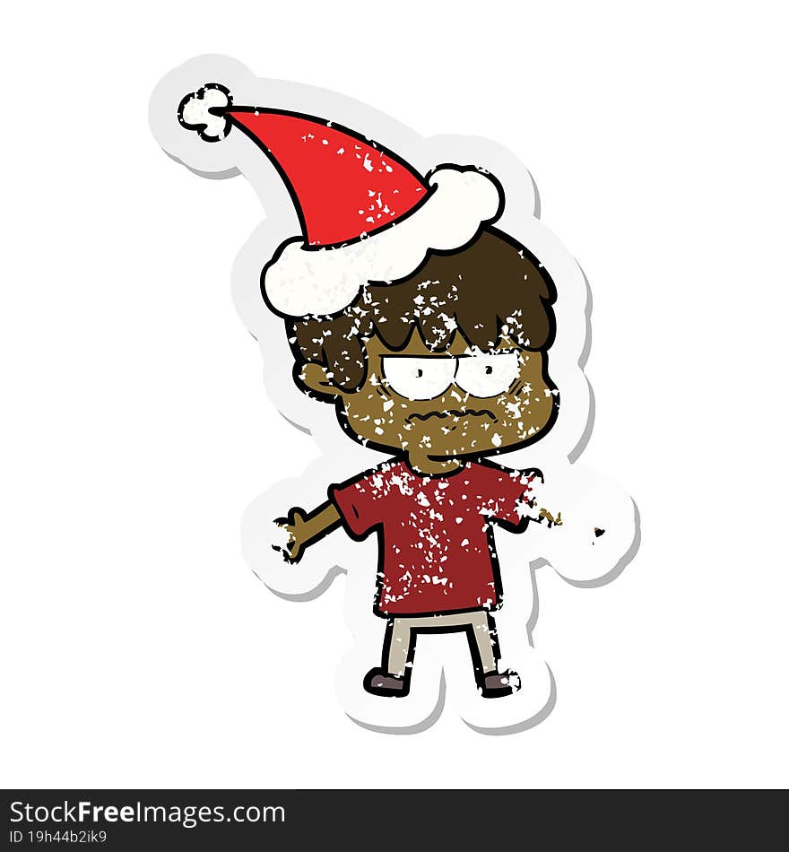 annoyed hand drawn distressed sticker cartoon of a boy wearing santa hat. annoyed hand drawn distressed sticker cartoon of a boy wearing santa hat