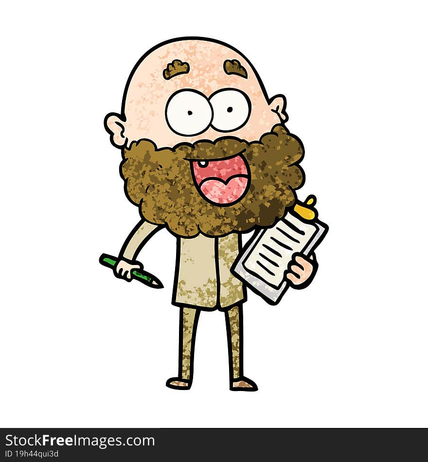 cartoon crazy happy man with beard and clip board for notes. cartoon crazy happy man with beard and clip board for notes