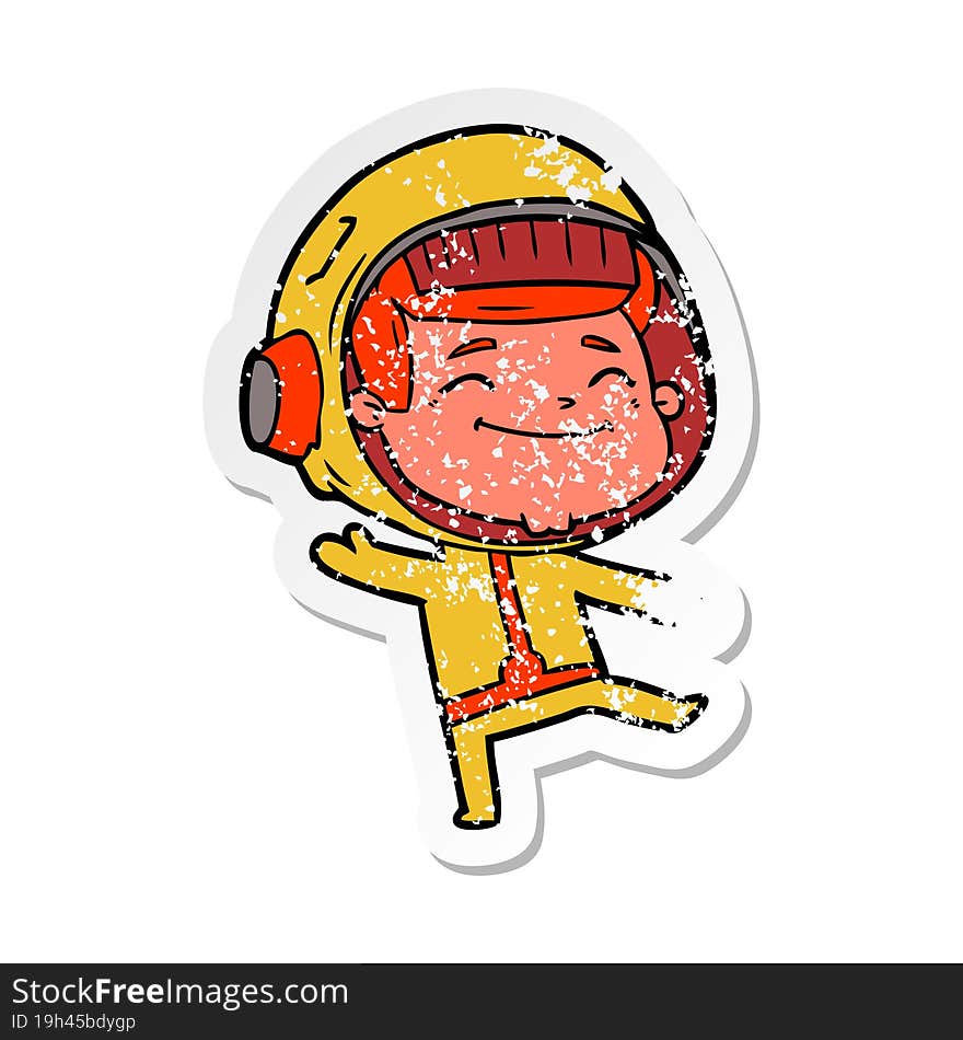 distressed sticker of a happy cartoon astronaut