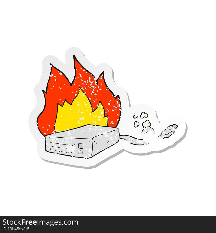 retro distressed sticker of a cartoon computer hard drive burning