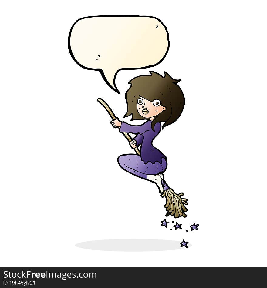 cartoon witch riding broomstick with speech bubble