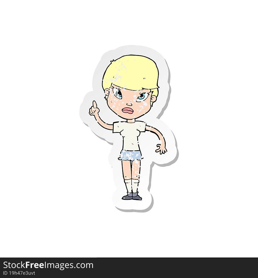 retro distressed sticker of a cartoon woman with idea