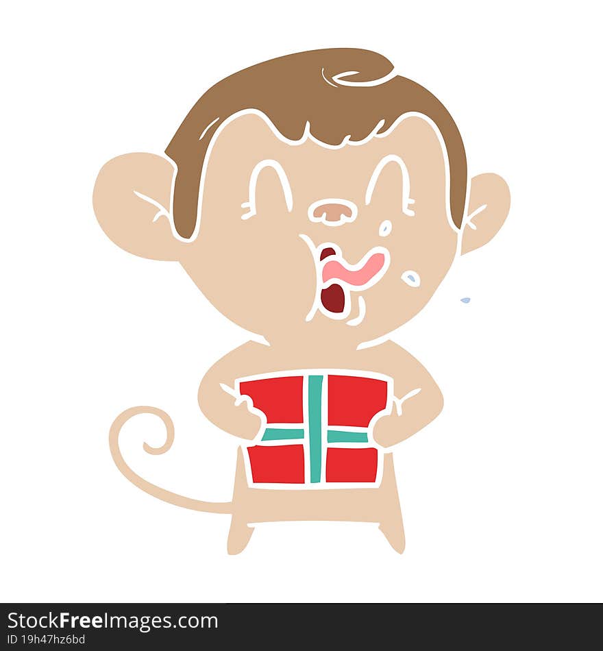 Crazy Flat Color Style Cartoon Monkey With Christmas Present