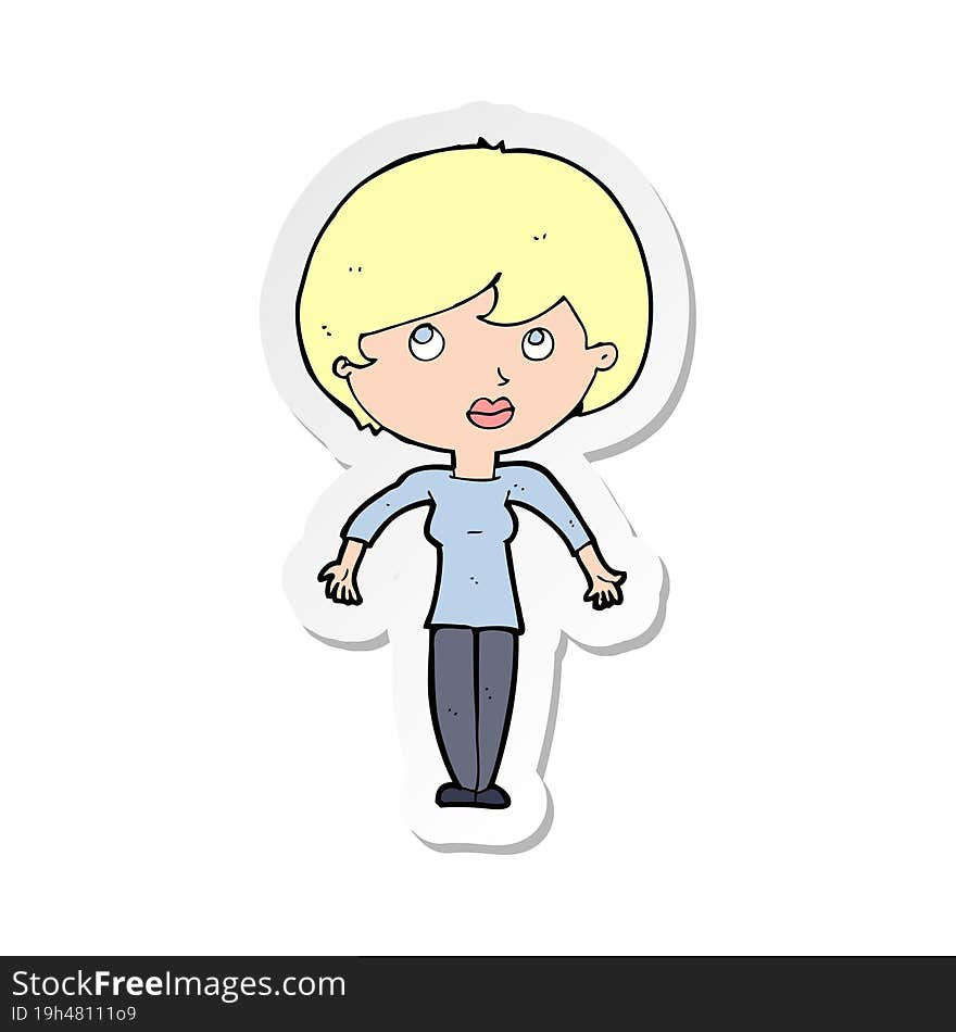 sticker of a cartoon woman shrugging shoulders