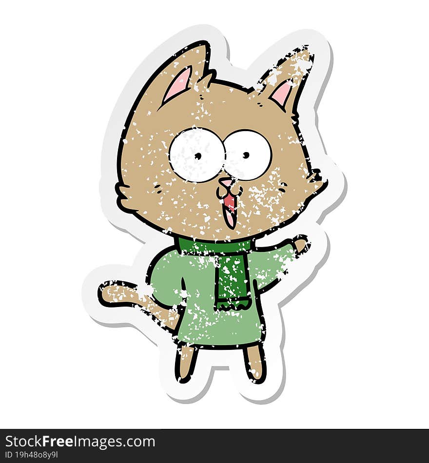 distressed sticker of a funny cartoon cat