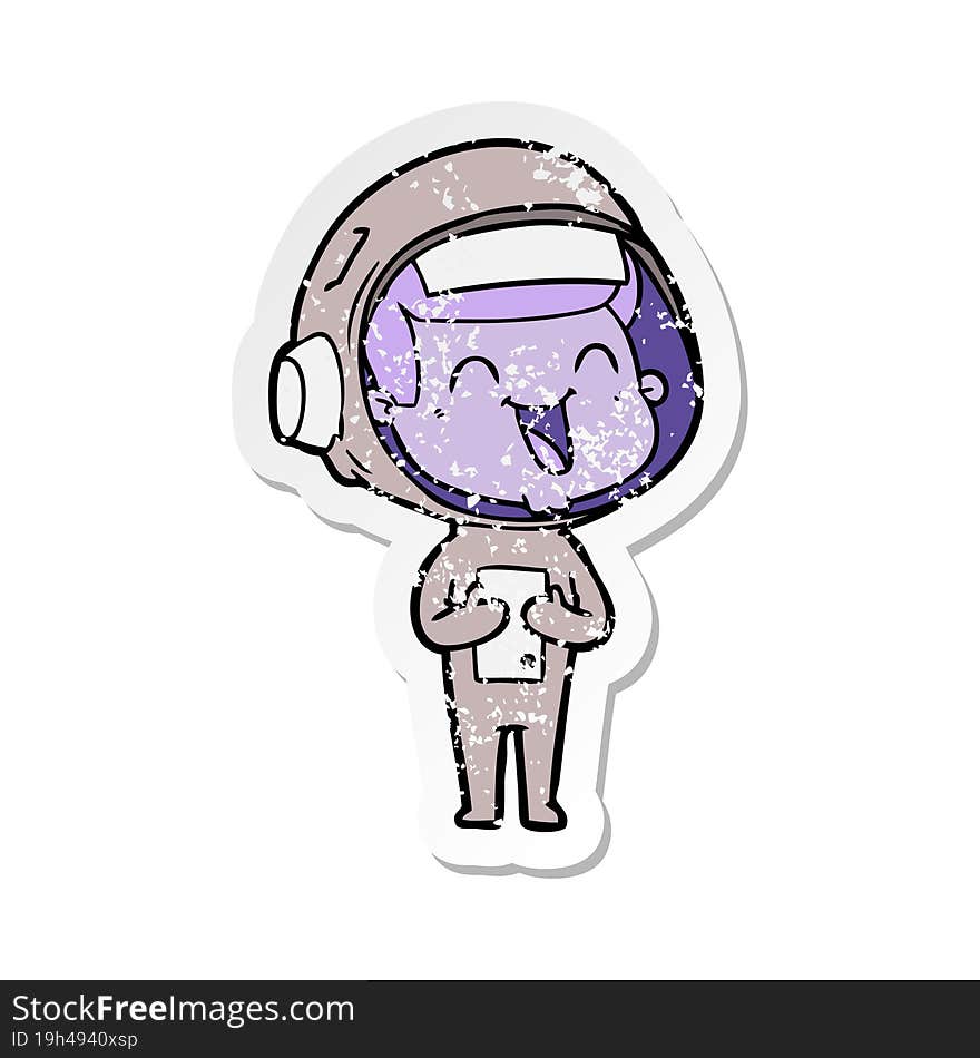 distressed sticker of a happy cartoon astronaut