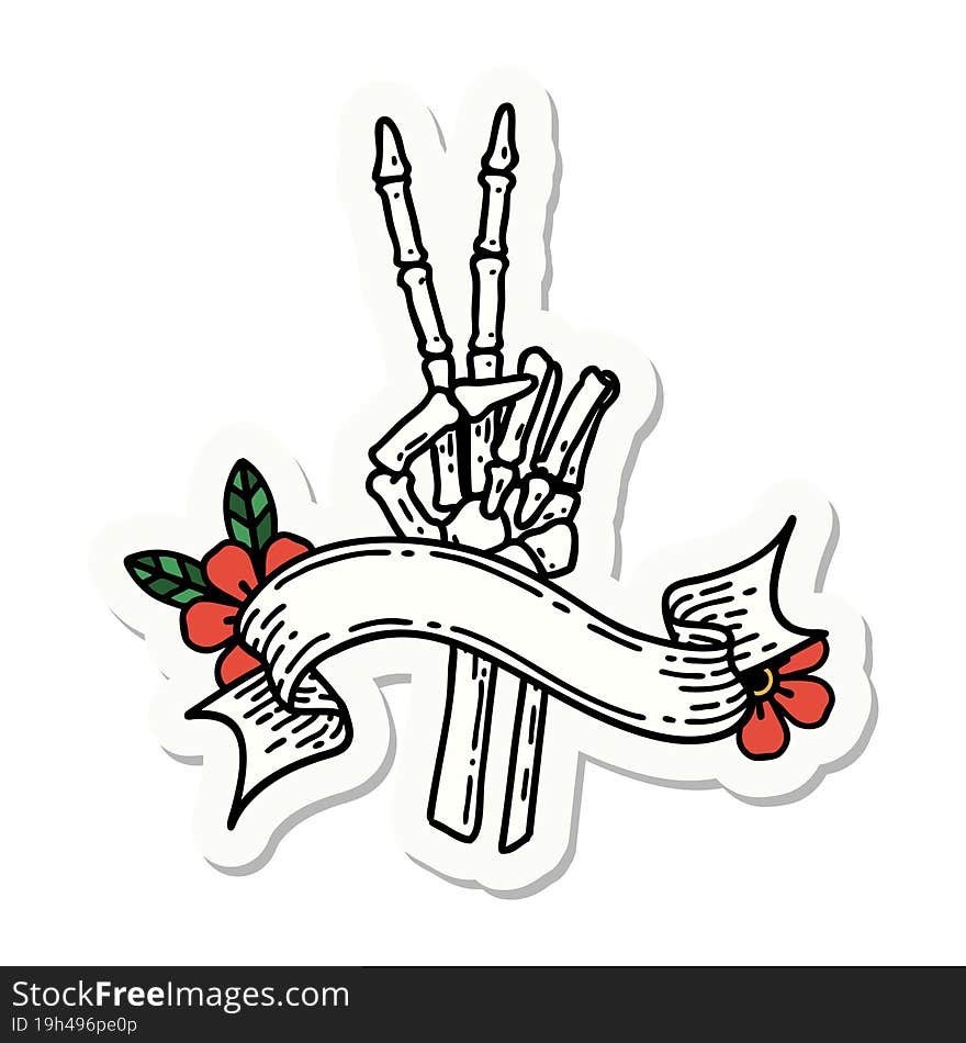 tattoo sticker with banner of a skeleton hand giving a peace sign