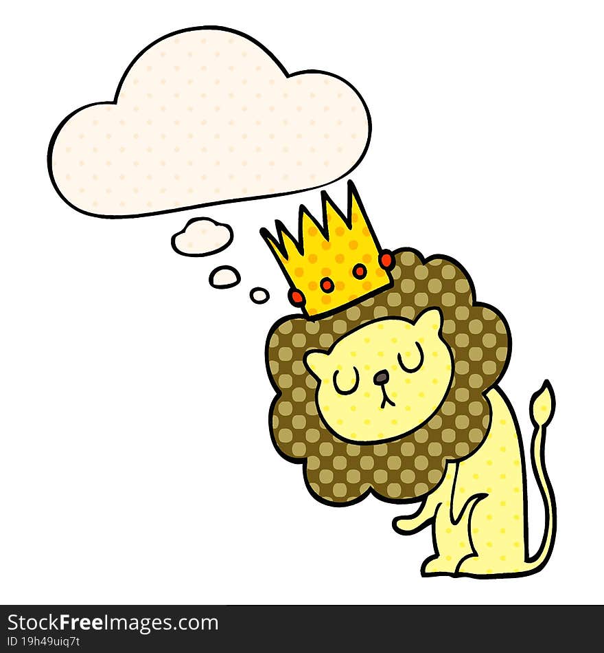 cartoon lion with crown and thought bubble in comic book style