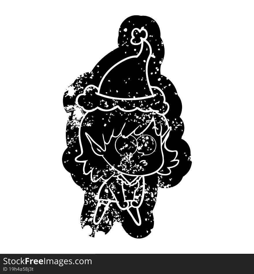 cartoon distressed icon of a elf girl staring and crouching wearing santa hat