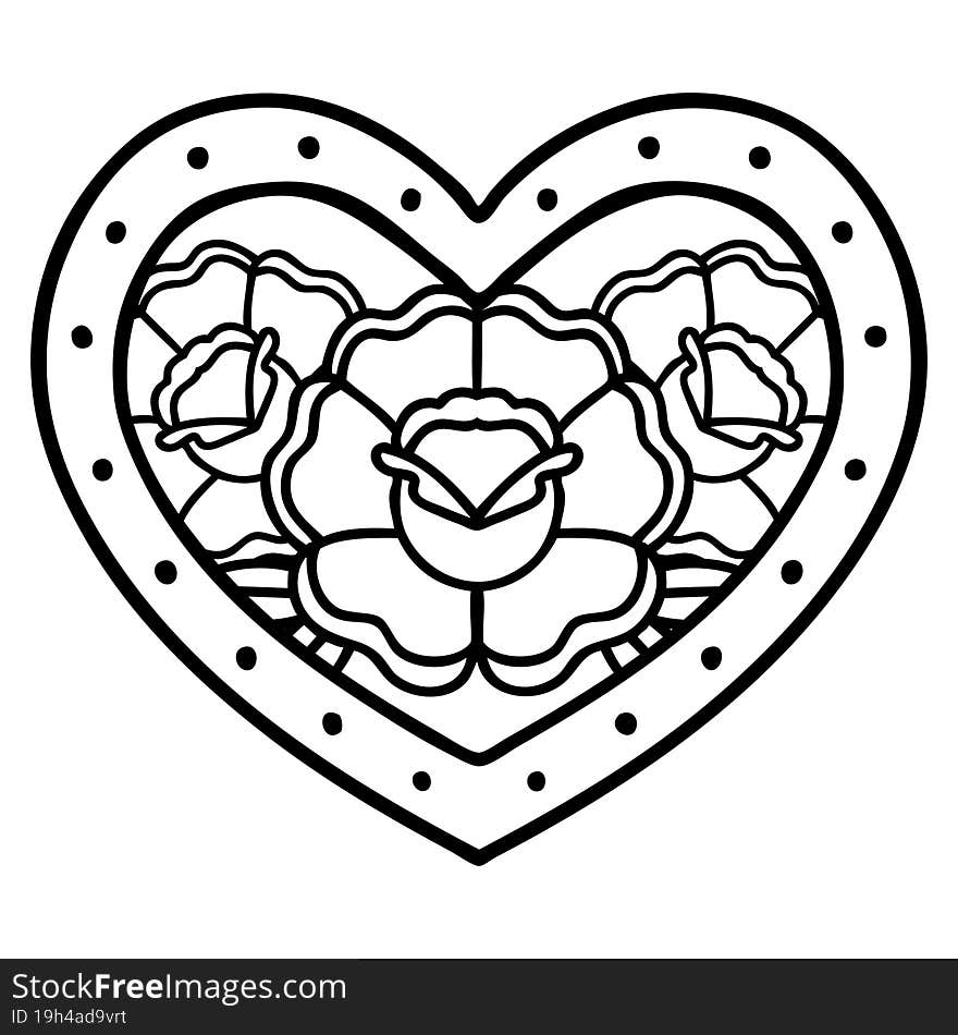 tattoo in black line style of a heart and flowers. tattoo in black line style of a heart and flowers