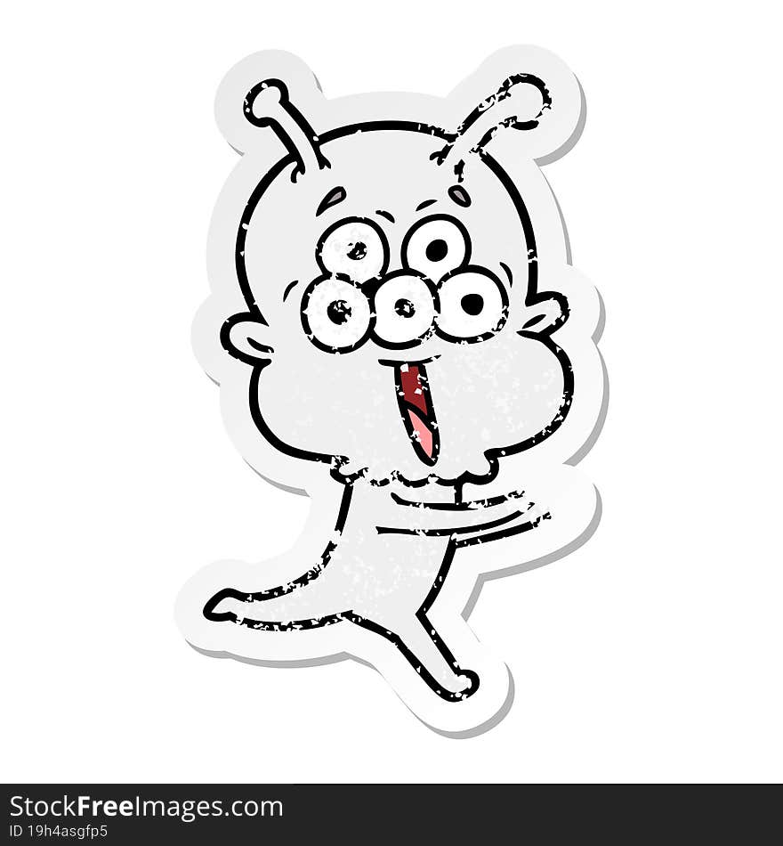 Distressed Sticker Of A Happy Cartoon Alien Running