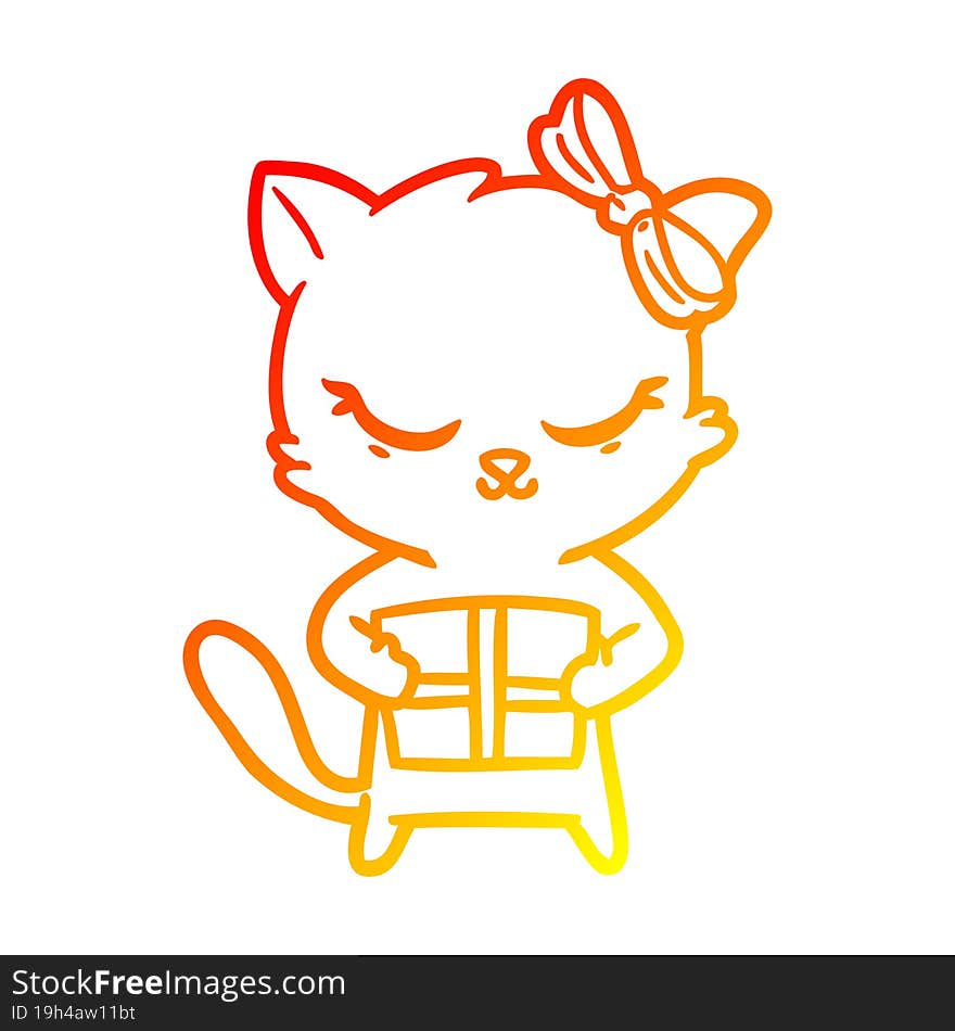 Warm Gradient Line Drawing Cute Cartoon Cat With Bow