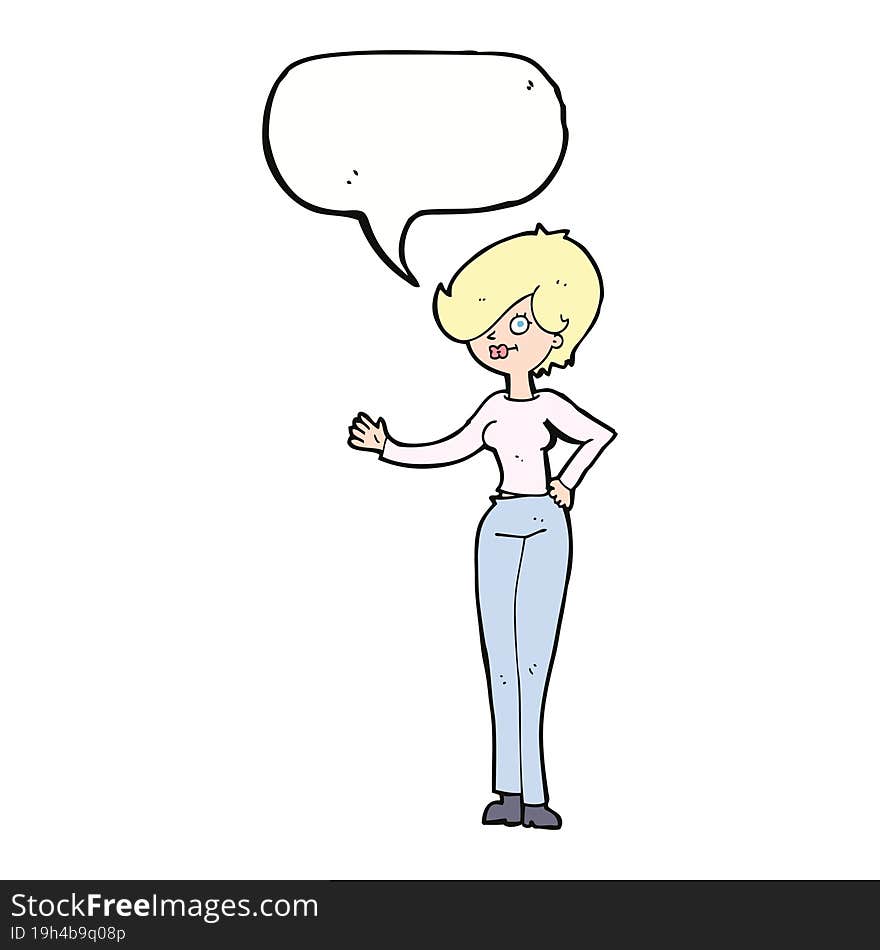 cartoon woman waving with speech bubble