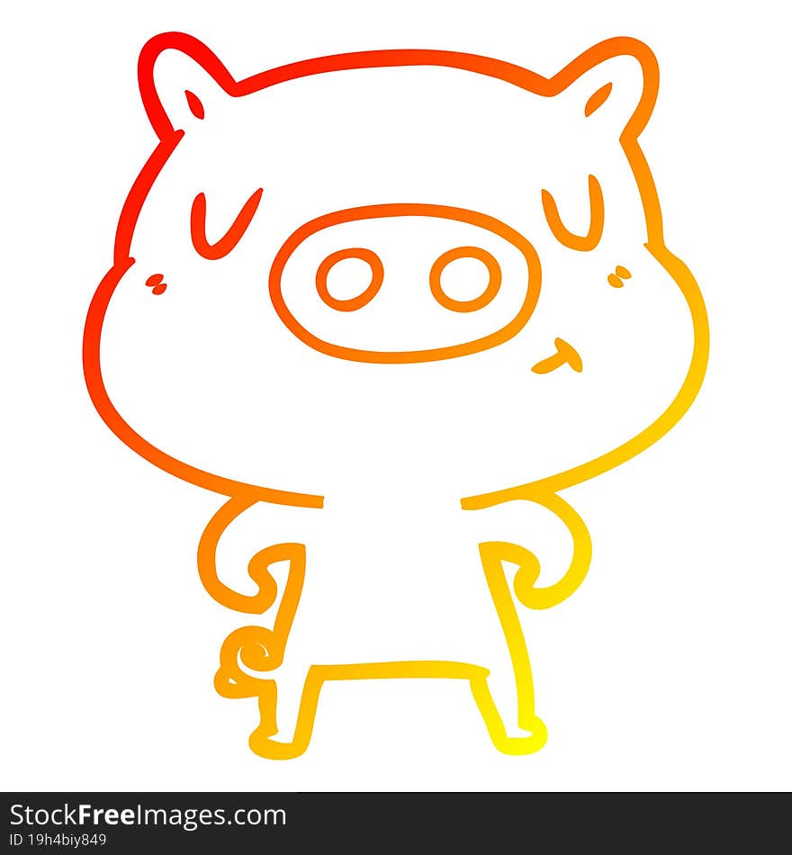 warm gradient line drawing of a cartoon content pig