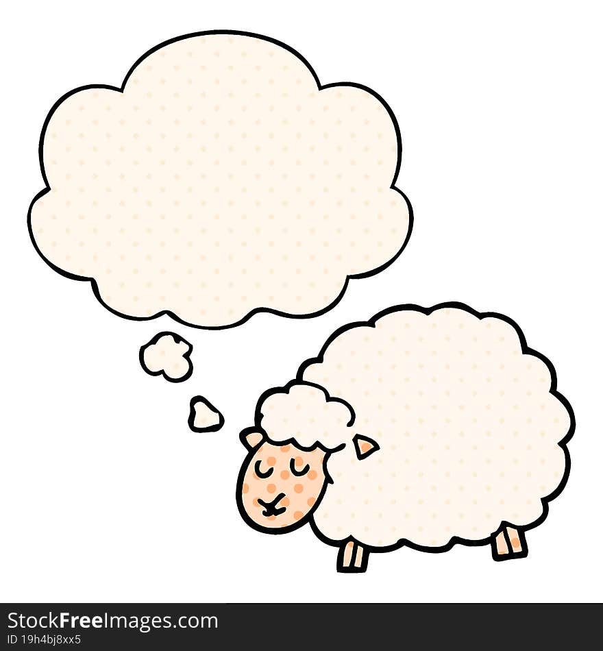 cartoon sheep and thought bubble in comic book style