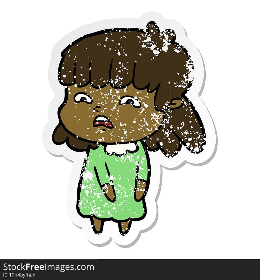 distressed sticker of a cartoon worried woman