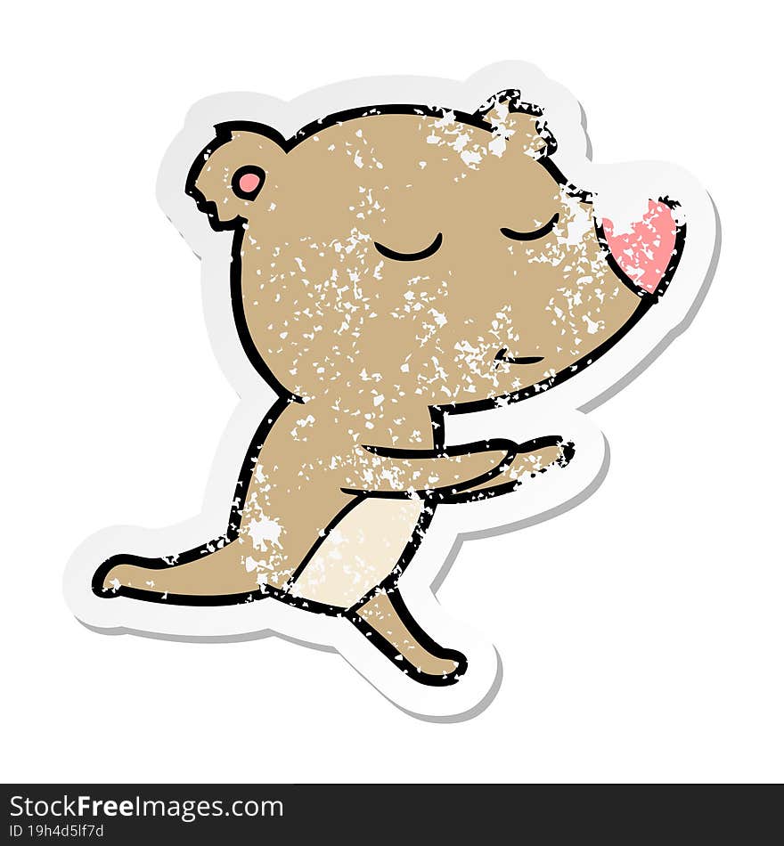 Distressed Sticker Of A Happy Cartoon Bear Running