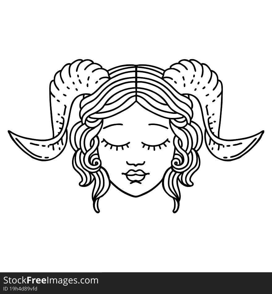 Black and White Tattoo linework Style tiefling character face. Black and White Tattoo linework Style tiefling character face