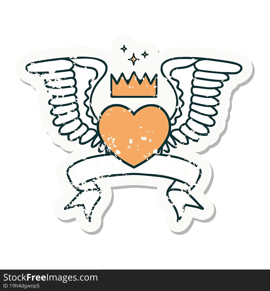 grunge sticker with banner of a heart with wings